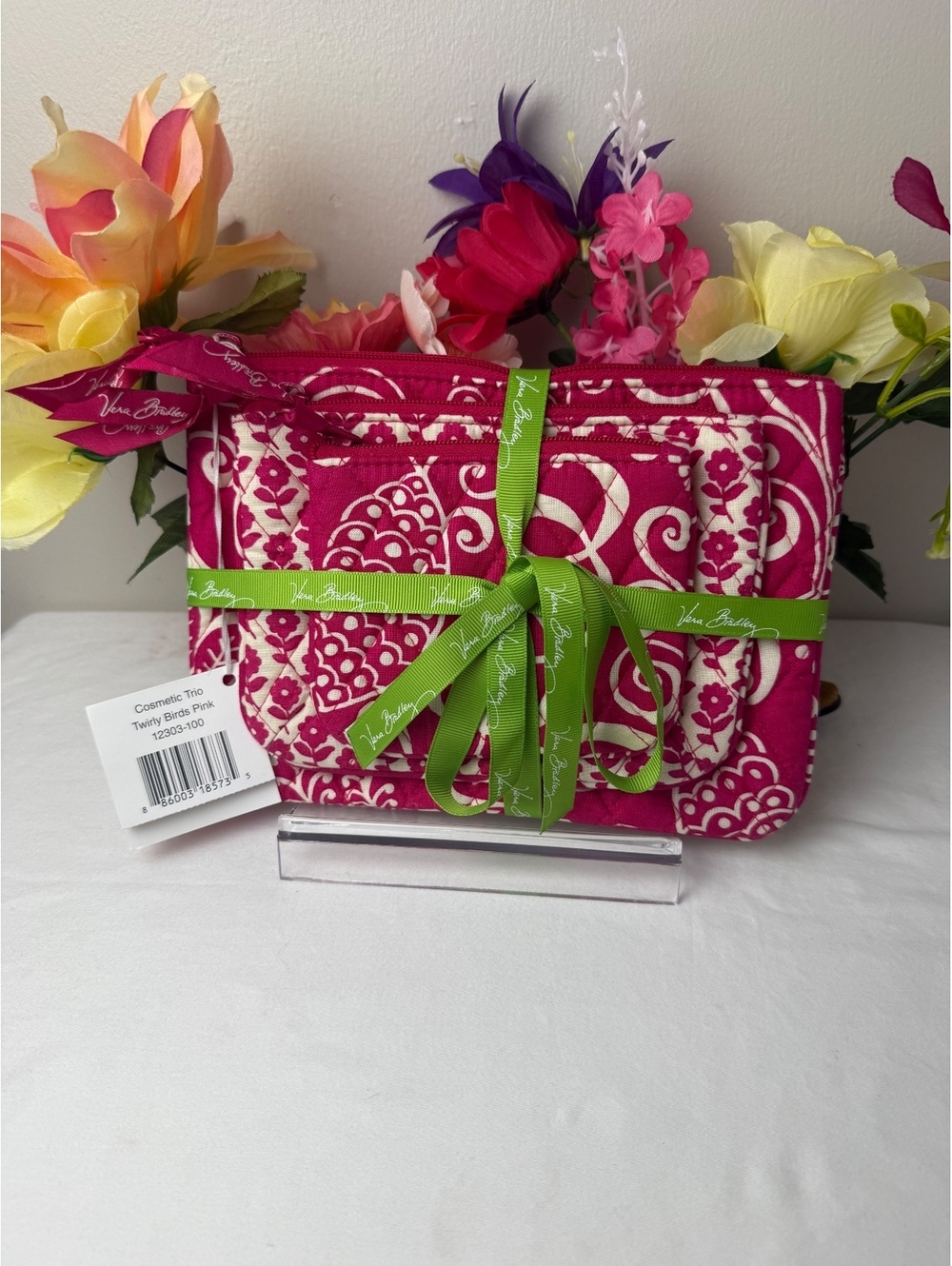 NWT Vera Bradley Twirly Birds Pink Cosmetic Trio Makeup Bag Set Retired